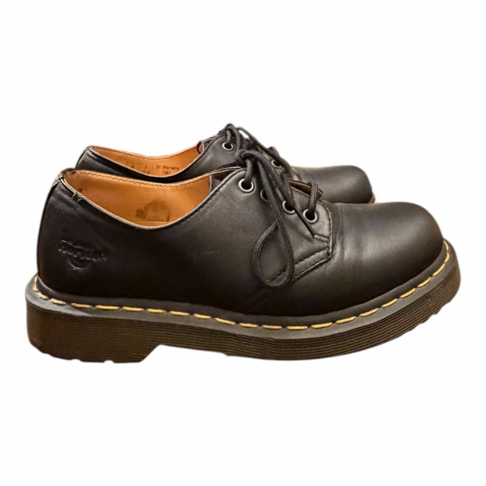 Dr. Martens 1561 Smooth Leather Oxfords Black Upper with Yellow Stitching.